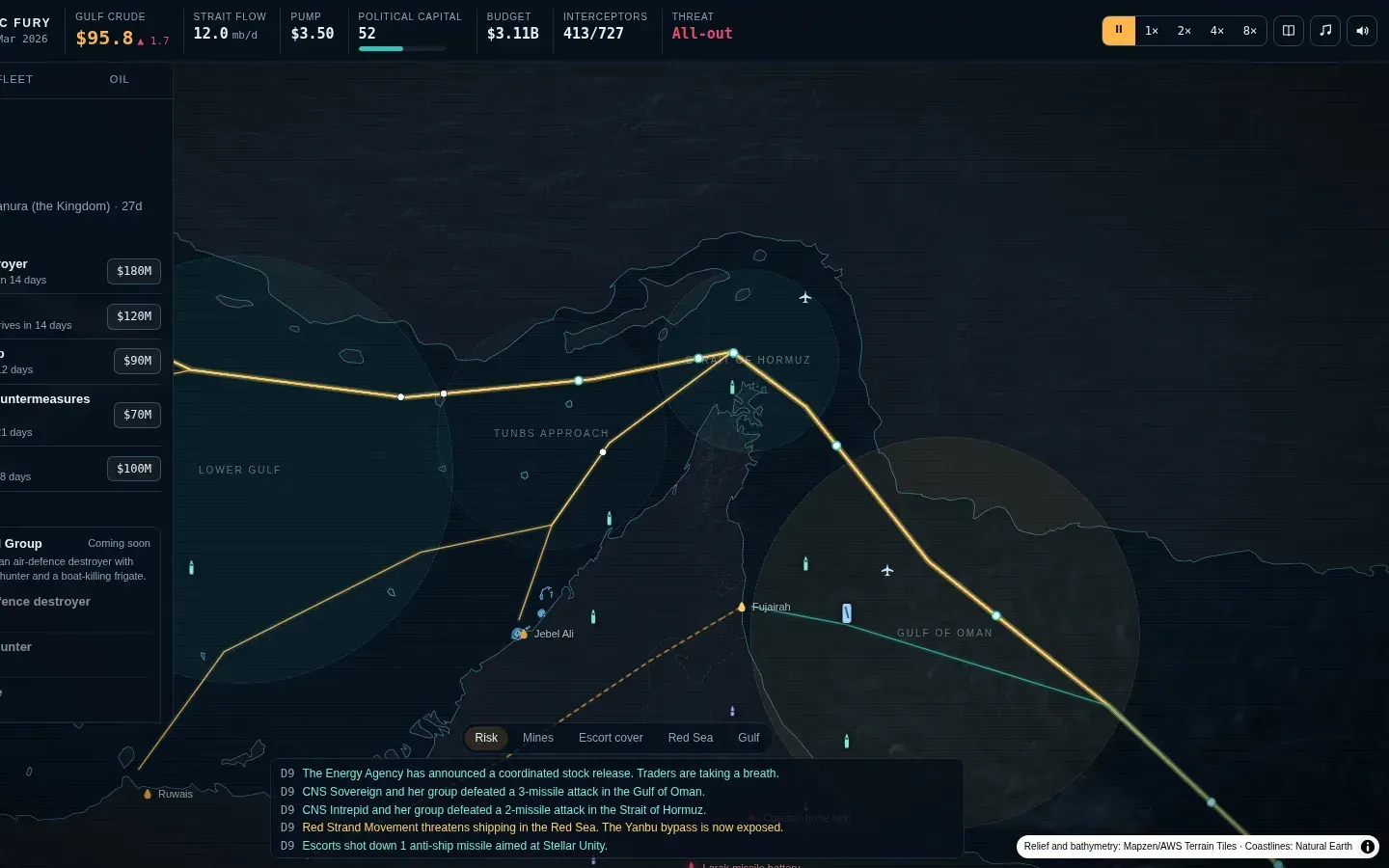 The Strait of Hormuz at night on shaded relief: shipping lanes coloured amber for risk, escorted tankers ringed in teal, warships on station and the price of Gulf crude at the top.