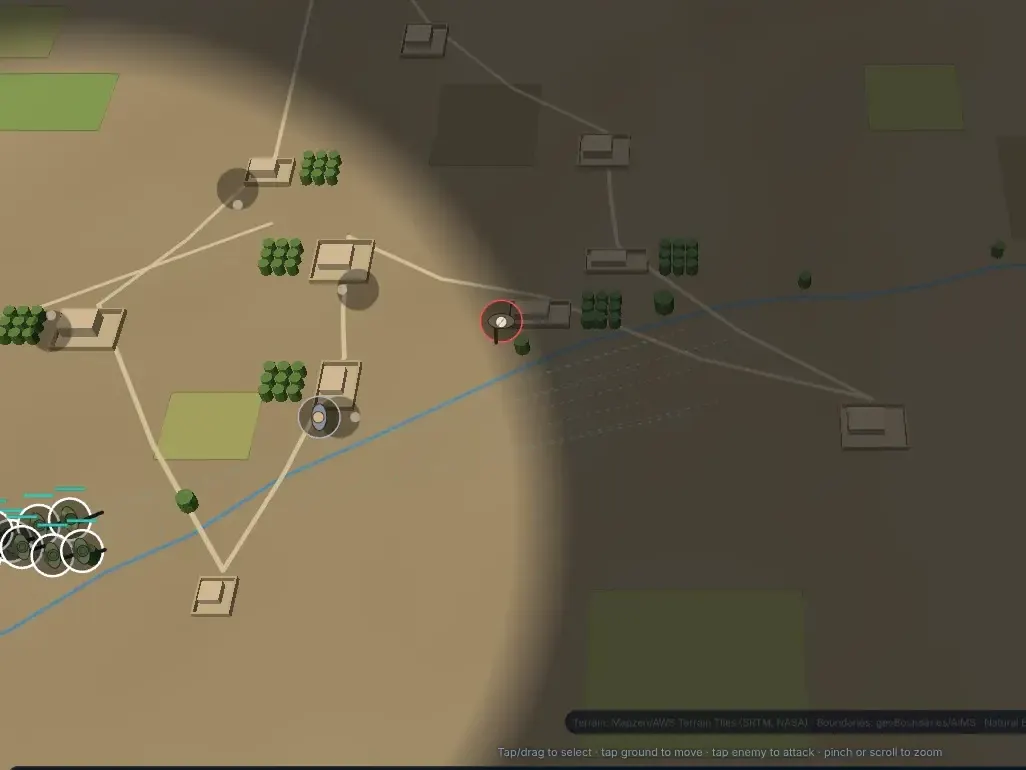 A real-time ground battle around village compounds: a squad moves along a dirt track under fog of war toward a marked target.