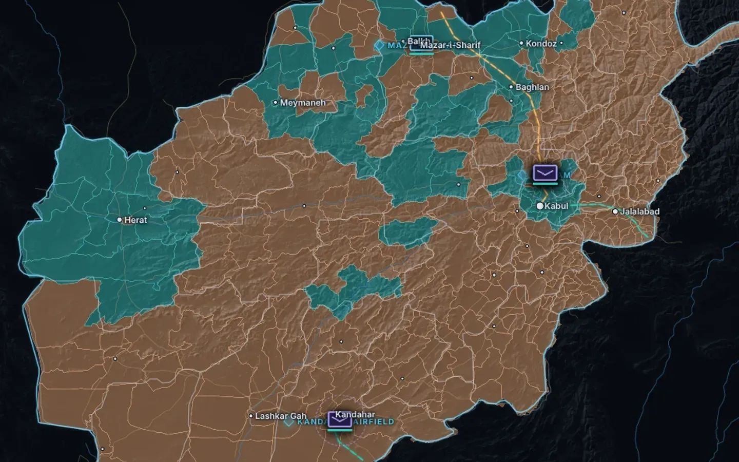 The Operation Freedom campaign map of Afghanistan on shaded terrain, its districts coloured teal for government control and brown for contested, with Kabul, Herat, Kandahar and Mazar-i-Sharif labelled.