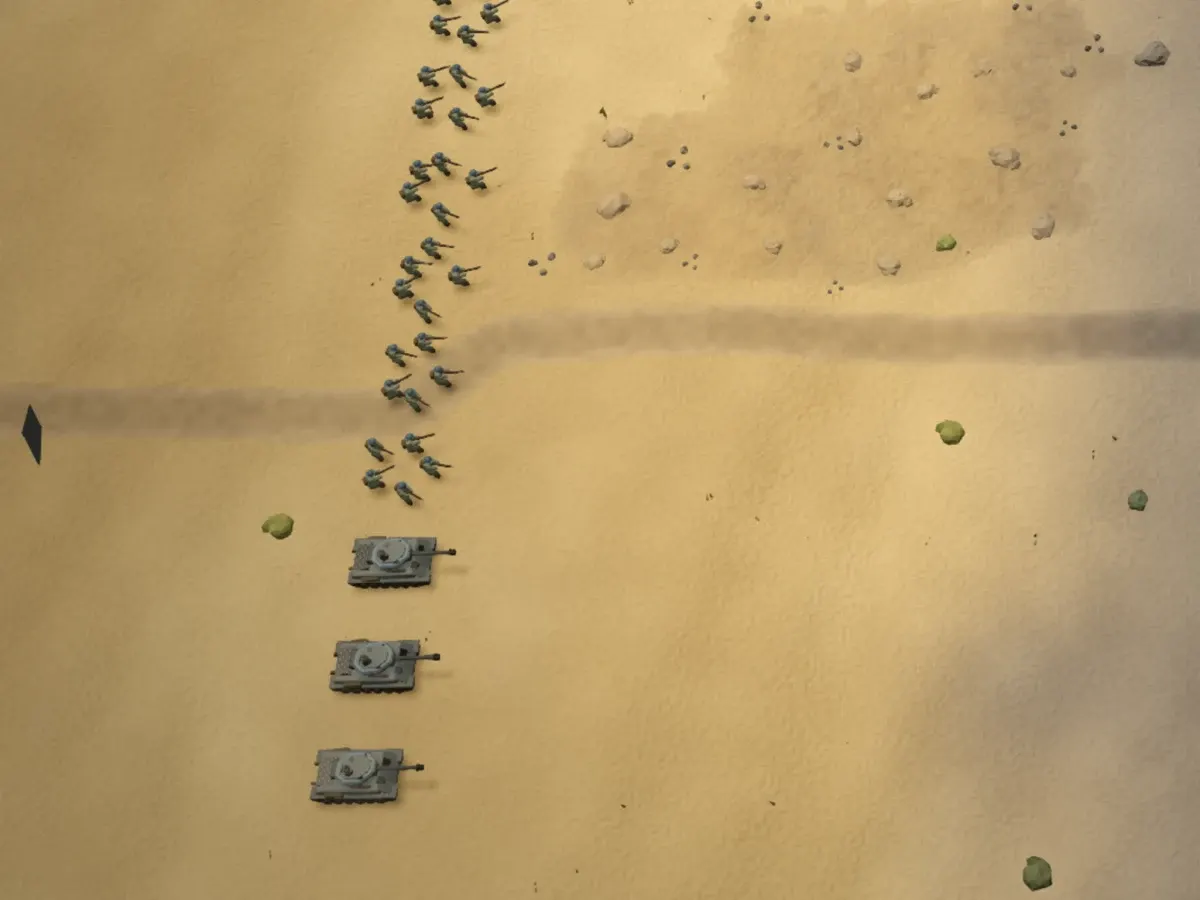 A 3D tactical battle in the desert: a column of German infantry squads and three tanks advancing past a trench line.