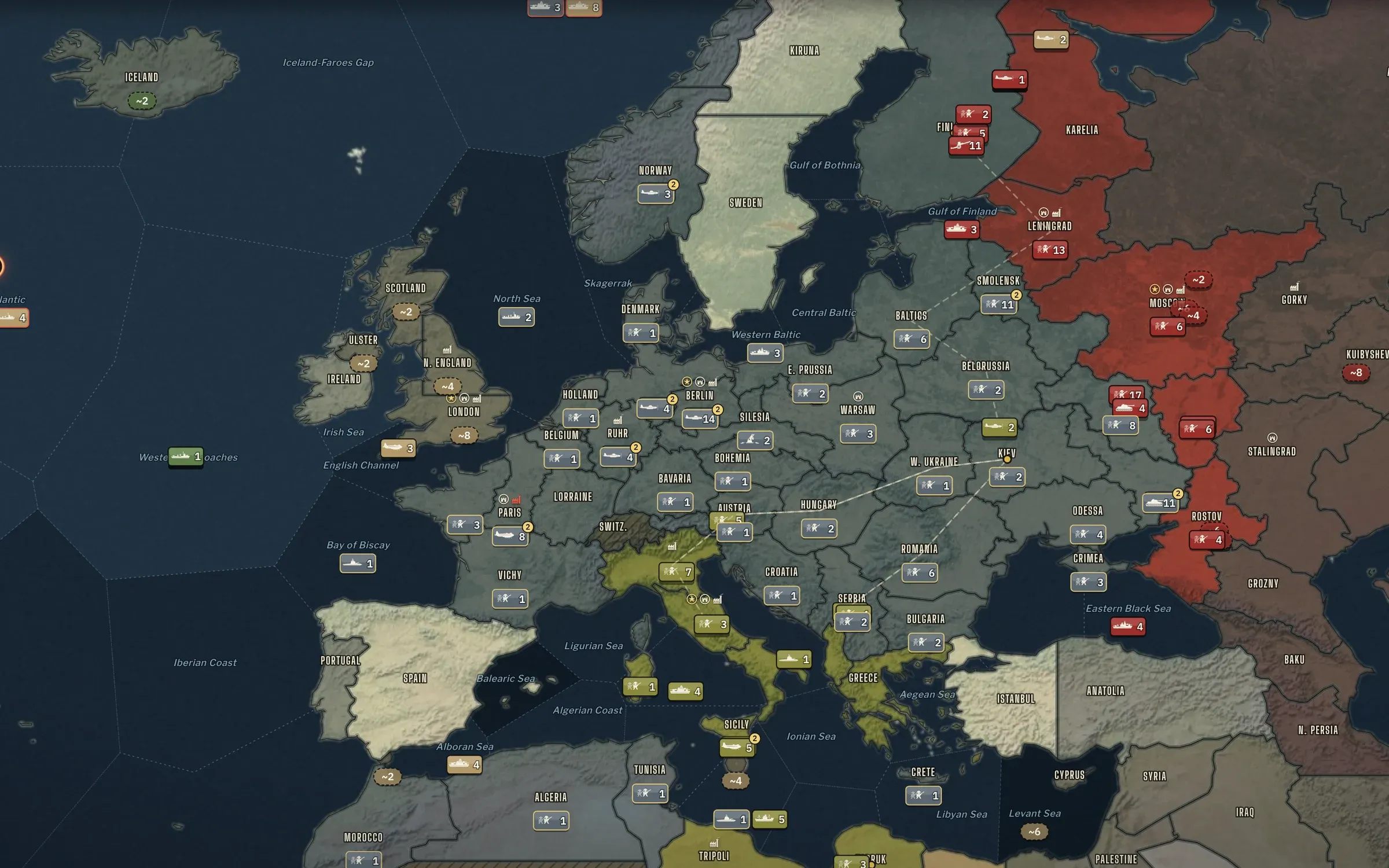 The Operation Overlord world map in spring 1942: Europe and North Africa split into territories, German, Italian and Soviet unit stacks on the fronts, and an Atlantic battle marker.
